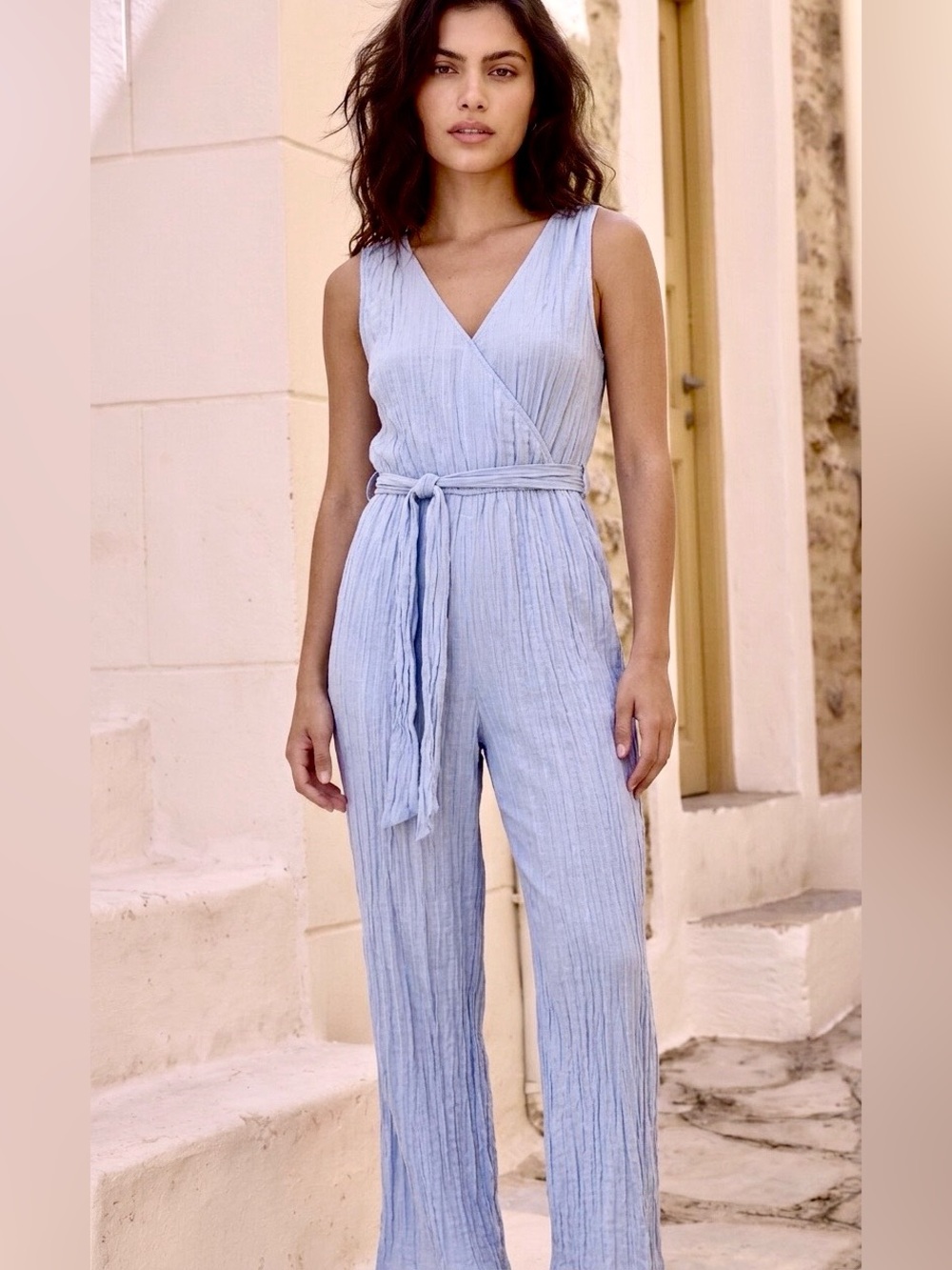 Rebecca Taylor Light Blue Sleeveless V-Neck Jumpsuit with Tie Waist✨